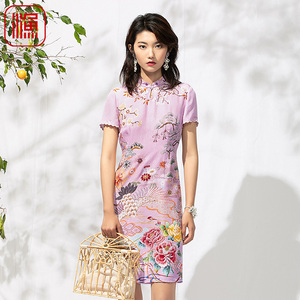 渔女装气质连衣裙年新款古典桑蚕丝印花改良真丝旗袍FGEB0079