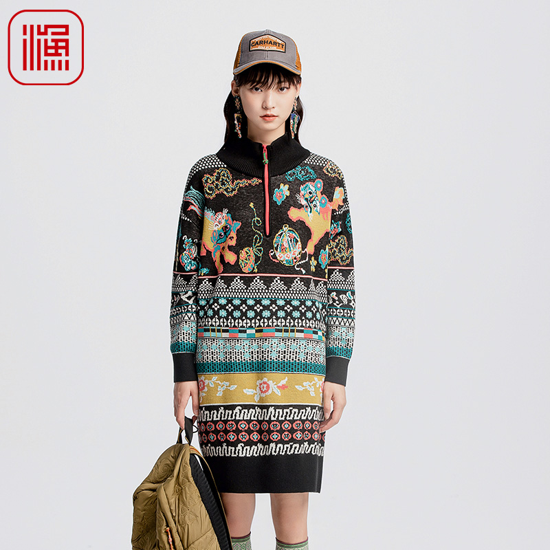 渔牌秋装女款2024年新款国潮民族风搬开针织毛衫连衣裙子FGGC0302