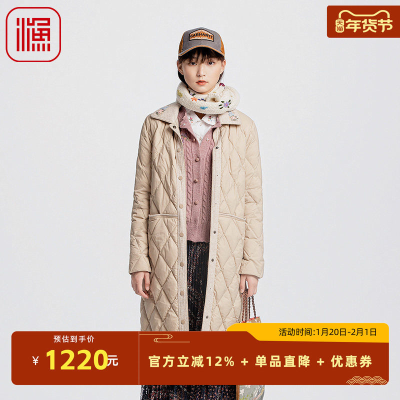 渔服饰女士羽绒服冬季2024新款绣花菱格翻领长款羽绒外套FGGD5049,女装/女士精品,羽绒服,淘宝优惠券,粉丝福利购,淘宝优惠卷