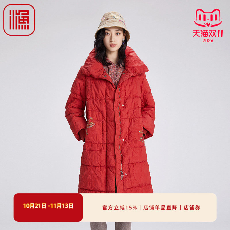 渔女装女士羽绒服冬季2024新款加厚高领鸭绒过膝长款外套FGGD5088