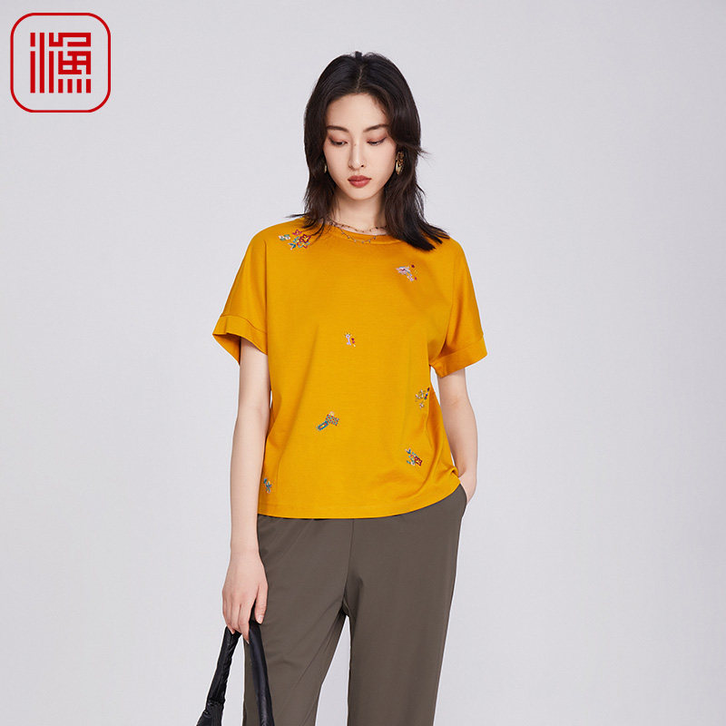 FISHING渔牌女装短袖女t恤2025新款简约刺绣花宽松上衣服FGHB2013