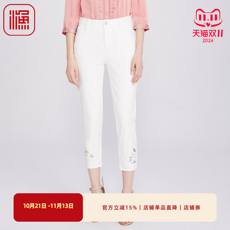 渔牌女装裤子女2025新款春夏季绣花微弹休闲九分长裤FGHA6220