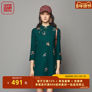 渔服饰裙子女秋冬季2023新款针织毛呢绣花改良旗袍连衣裙FGFD0040