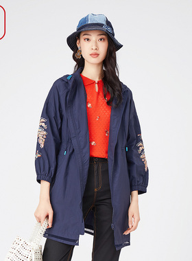 渔牌女装风衣外套女2024新款春秋季绣花宽松休闲长款外套FGGA3028