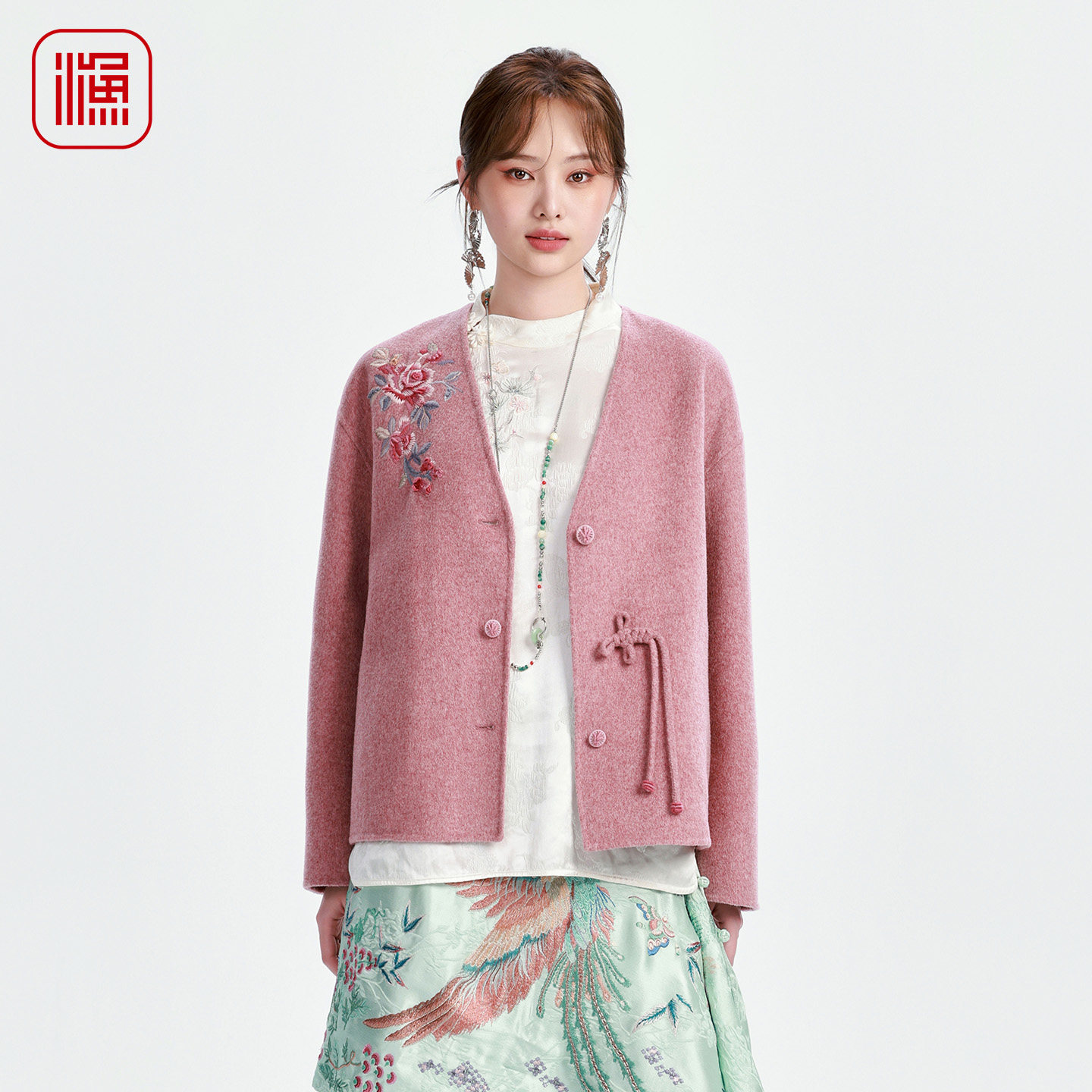 渔牌秋季新款新中式刺绣外套女V 领盘扣国风花卉毛呢上衣FGIC3203