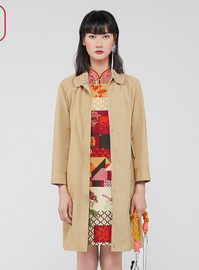 渔牌女装风衣外套女2024新款春季镂空绣花翻领过膝长外套FGGA3037