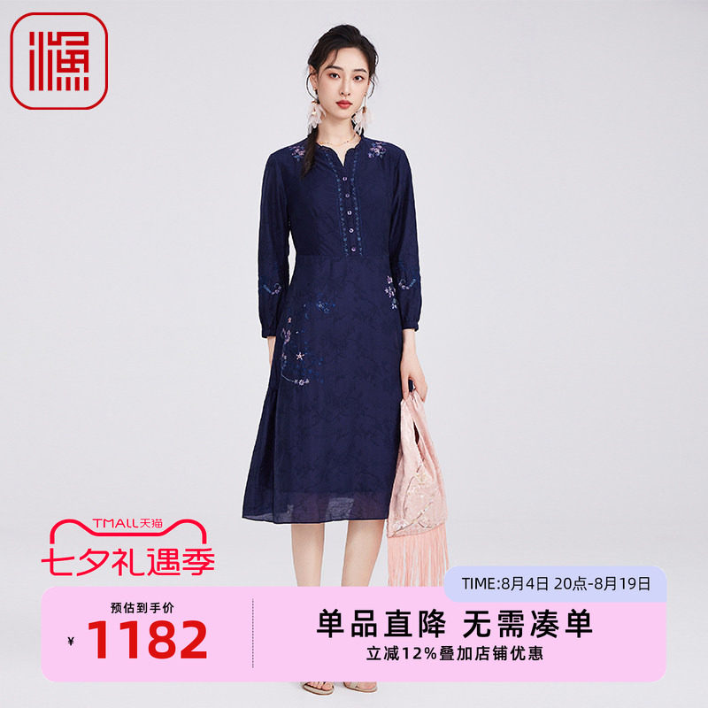 渔牌女早秋新款刺绣花连衣裙