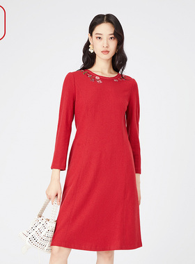 渔服饰中国风女装2024新款春秋高级针织羊毛呢长袖连衣裙FGGA0060