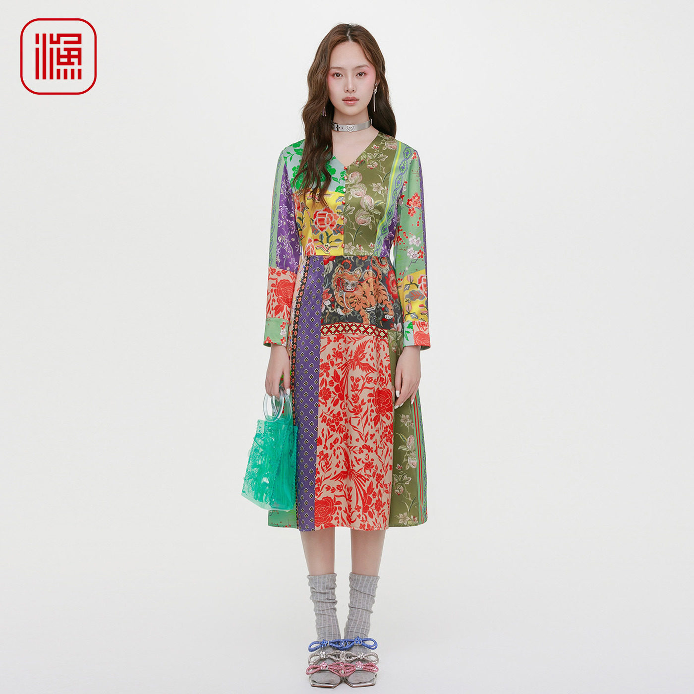 桑蚕丝撞色印花长袖裙子气质女裙