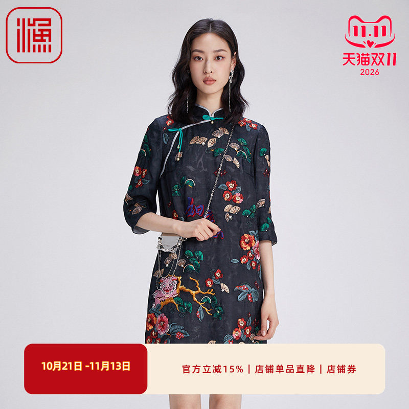 渔牌真丝女装连衣裙2024新款女秋冬桑蚕复古中式改良旗袍FGGD0042