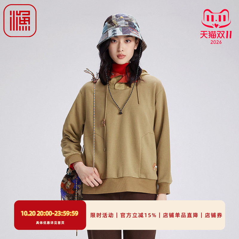 渔女装卫衣女秋冬2024新款连帽高领绣花棉质宽松针织上衣FGGD2537