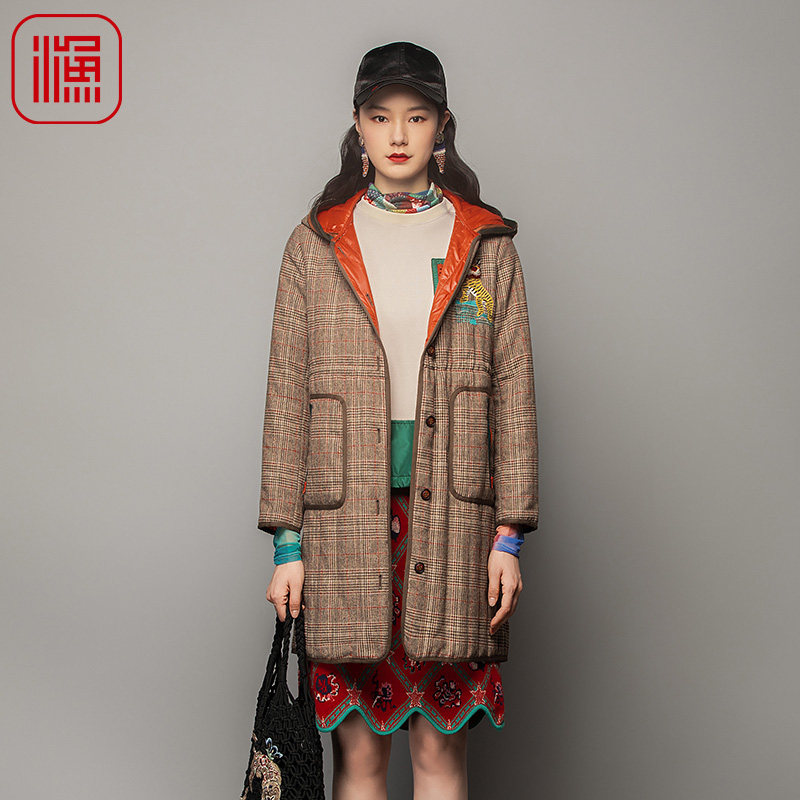 渔服饰棉服女2023年新款冬季小方格子带帽中长款棉衣FGFD4022