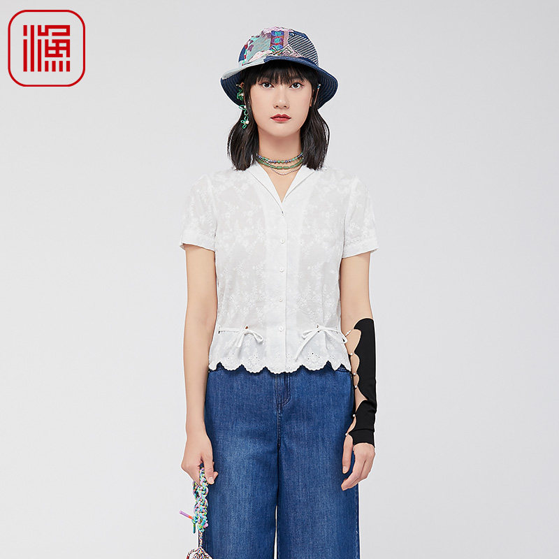 渔牌女装衬衫2024新款女夏季纯棉全棉方领西装领休闲上衣FGGB2211