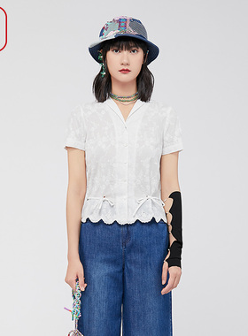 渔牌女装衬衫2024新款女夏季纯棉全棉方领西装领休闲上衣FGGB2211