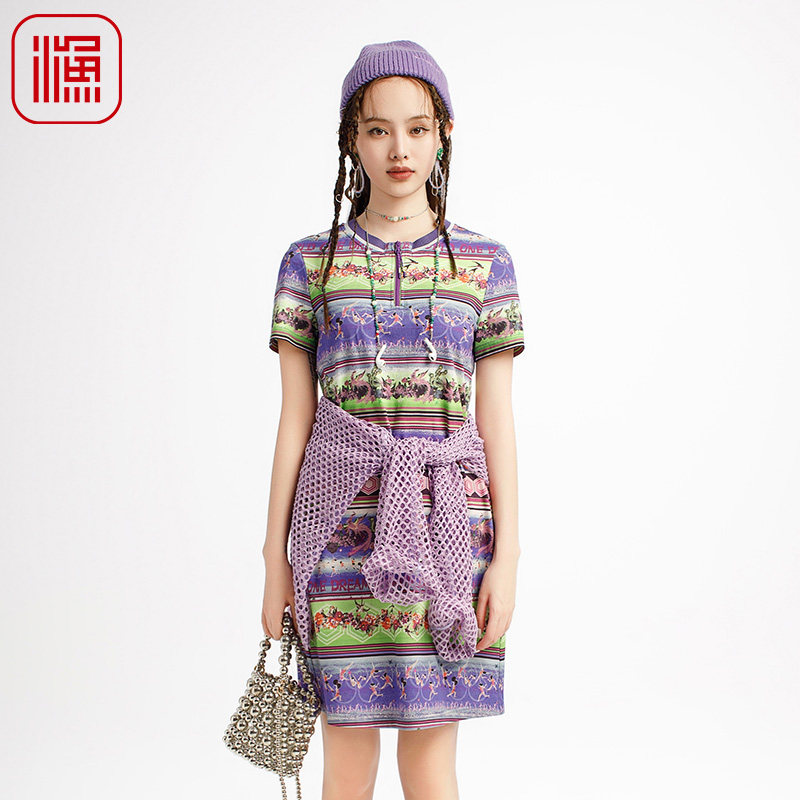 渔牌女装2025夏季穿搭薄款棉质弹力横条纹印花撞色连衣裙FGHB0111