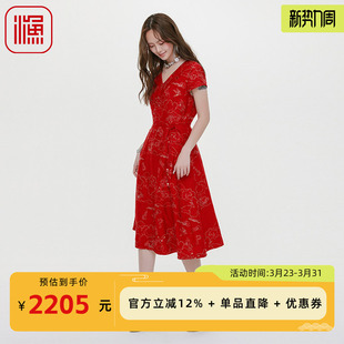 渔牌女2025早秋绣花连衣裙子优雅气质V领女裙重工高端礼服过膝裙
