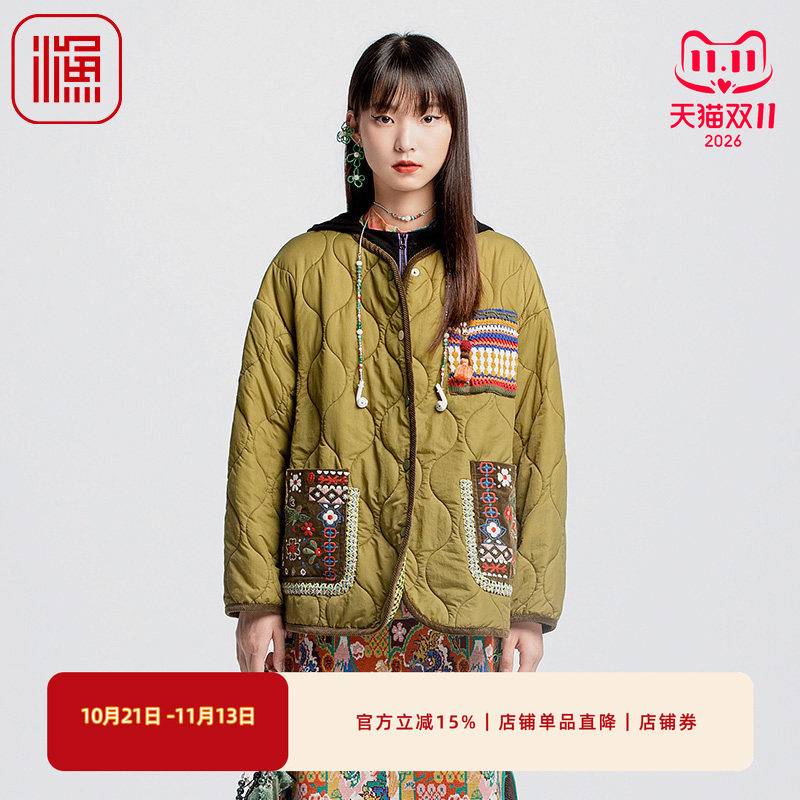 渔牌女装棉服女2024新款宽松国潮中式绣花轻薄棉衣女外套FGGC4011
