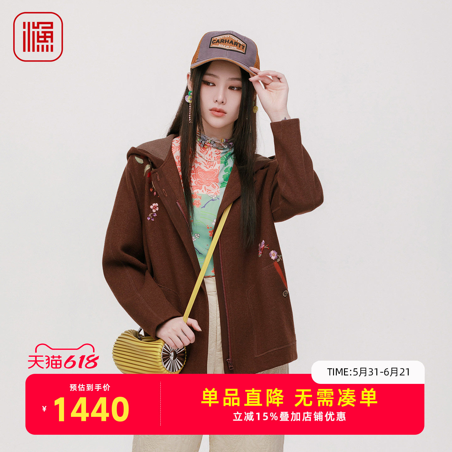 渔牌冬季花卉刺绣连帽呢料外套