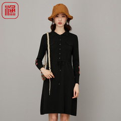 渔牌女装秋装女2023年新款翻领针织羊毛织刺绣花连衣裙子FGFC0306