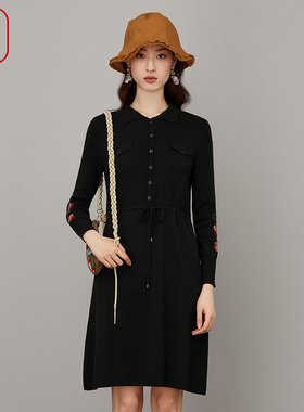 渔牌女装秋装女2023年新款翻领针织织刺绣花连衣裙子FGFC0306