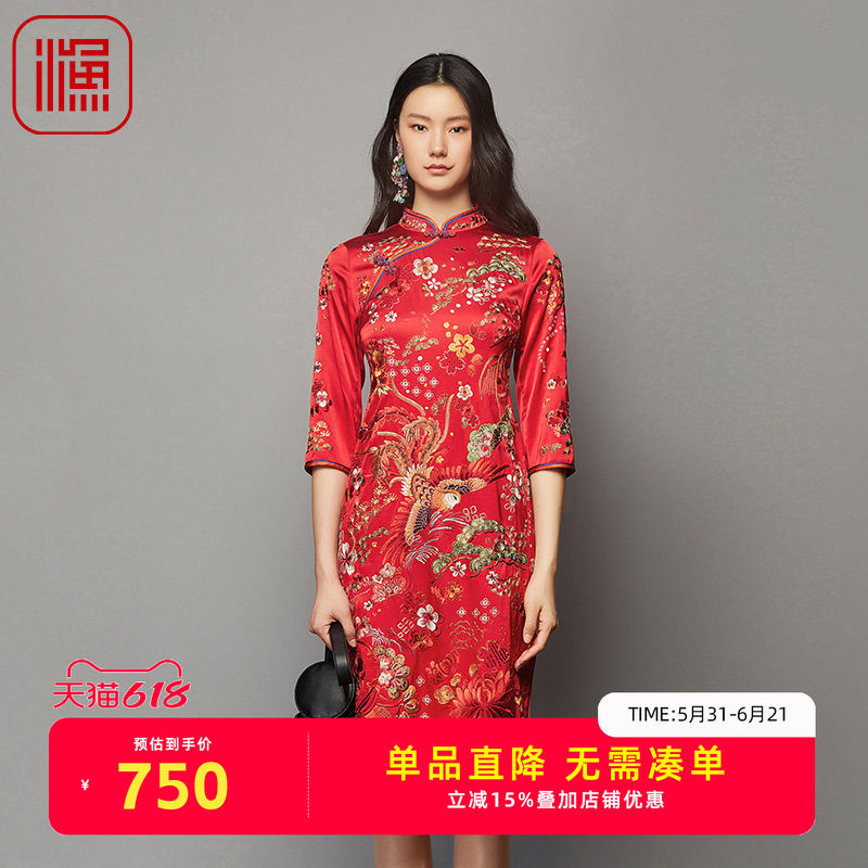 渔女装2023新款秋季真丝弹力国潮凤凰绣花收腰旗袍连衣裙FGFC0043