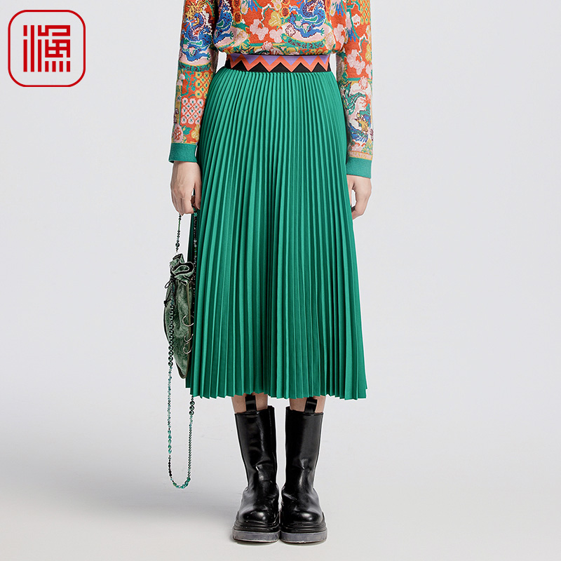 渔牌女装半身裙女2024新款时尚复古撞色弹力腰百褶长裙子FGGC7228
