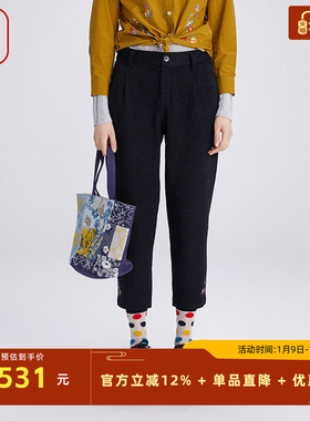 渔牌女装裤子女2024新款秋冬加厚针织弹力修身休闲直筒裤FGGD6233