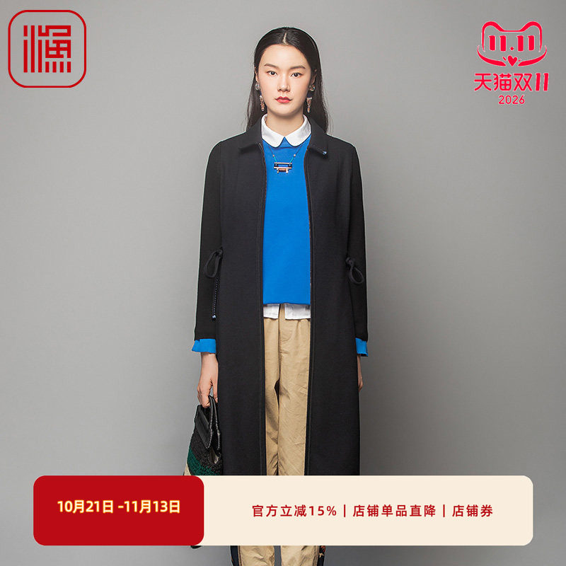 渔牌渔服饰FISHING大衣女系带过膝长款绣花毛呢外套显瘦FGFD3226