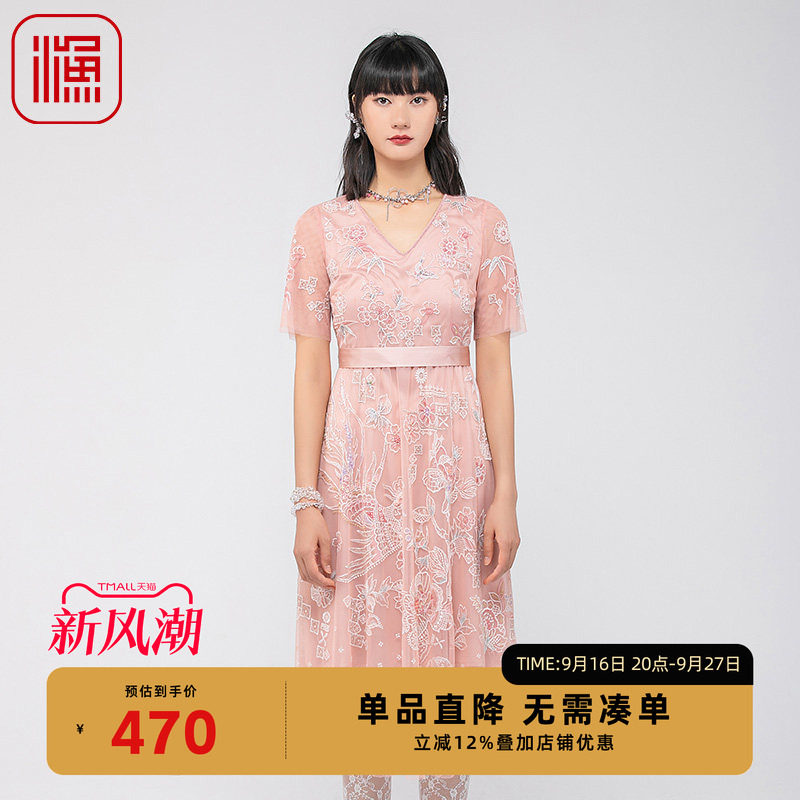 渔牌夏季修身蕾丝绣花连衣裙