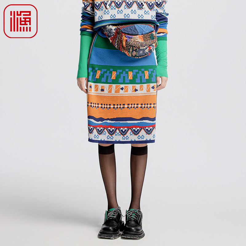 渔牌女装半身裙女2024新款时尚洋气弹力腰文艺毛织半裙FGGCT003B