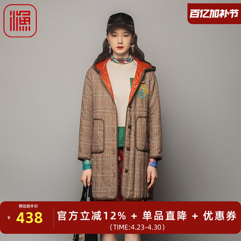 渔服饰棉服女2023年新款冬季小方格子带帽中长款棉衣FGFD4022