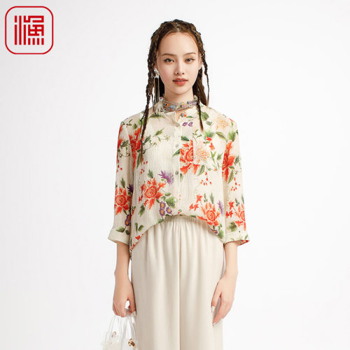 渔牌女装春夏装女款2025年新款桑蚕丝微弹印花短上衣FGHB2252