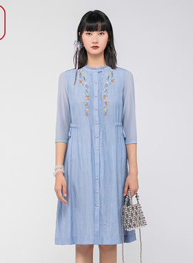 渔牌女装春装女2024年新款女开扣抽绳微绉休闲连衣裙舒适FGGA0051