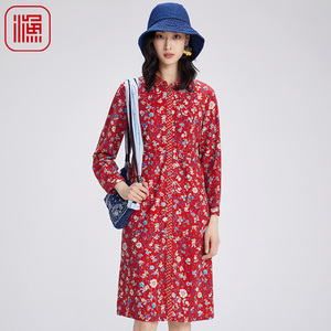 渔女装裙子女初秋季2024新款纯棉全棉印花翻领长款连衣裙FGGC0037