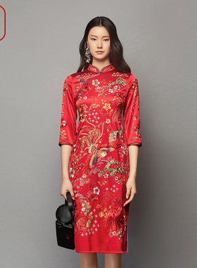 渔女装2023新款秋季真丝弹力国潮凤凰绣花收腰旗袍连衣裙FGFC0043