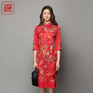 渔女装2023新款秋季真丝弹力国潮凤凰绣花收腰旗袍连衣裙FGFC0043