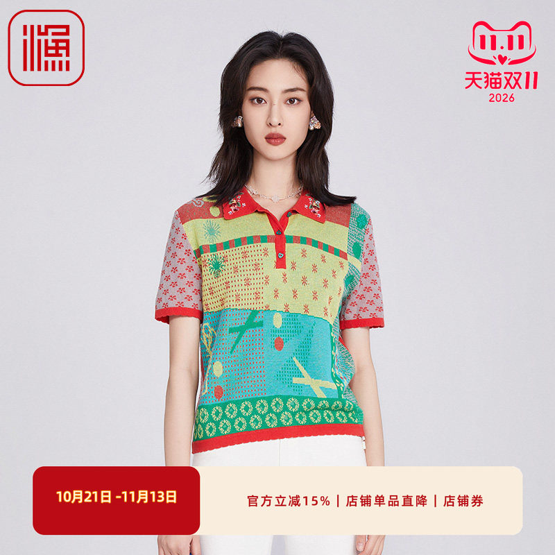 渔女装2025开春上衣绣花撞色减龄polo领休闲短袖针织毛衣FGHA1007