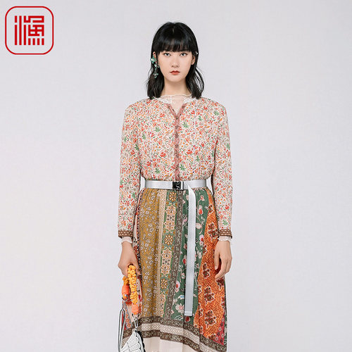 FISHING春装女2024年新款女立领碎印花真丝桑蚕丝衬衫衣FGGA2236