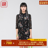 渔牌春装 女2024年新款 女弹力中国风刺绣花立领休闲连衣裙FGGA0003