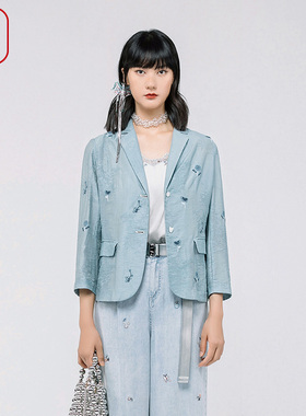 渔牌女装西装外套女2024春季新款休闲刺绣花上衣短款外套FGGA3067