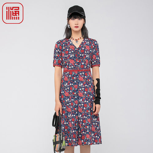 渔女装连衣裙2024新款女夏季桑蚕丝印花短袖长款裙子FGGB0018
