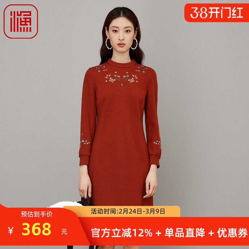 渔服饰裙子2023新款秋冬季女绒面棉羊毛休闲刺绣花连衣裙FGFD0025