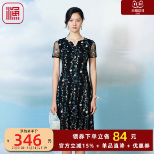 满身绣花V领过膝裙子FGFB0089 雪纺个性 FISHING连衣裙夏季 2023新款