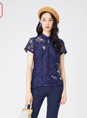 渔女装衬衣2024年新款女蕾丝镂空绣花复古新中式短袖上衣FGGA2263