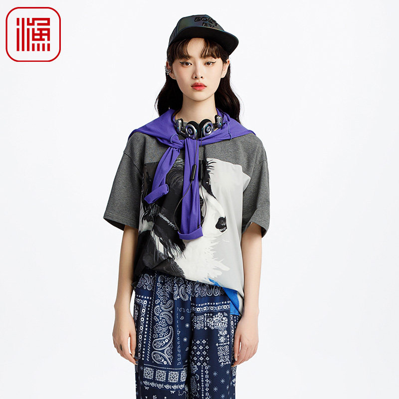 FISHING短袖t恤女2025新款春夏弹力宽松印花针织休闲上衣FGHA2036