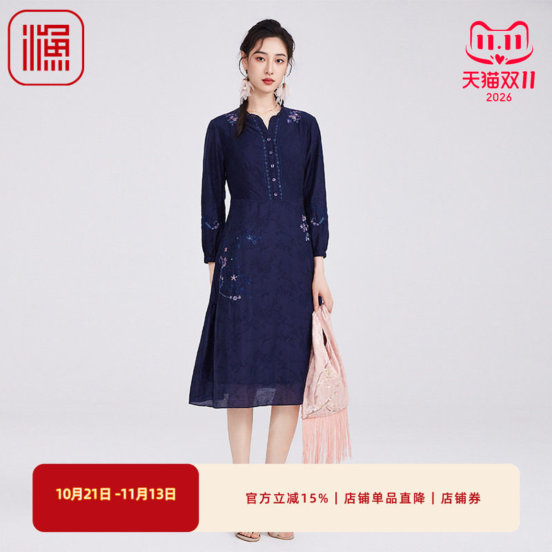 渔牌女早秋新款刺绣花连衣裙