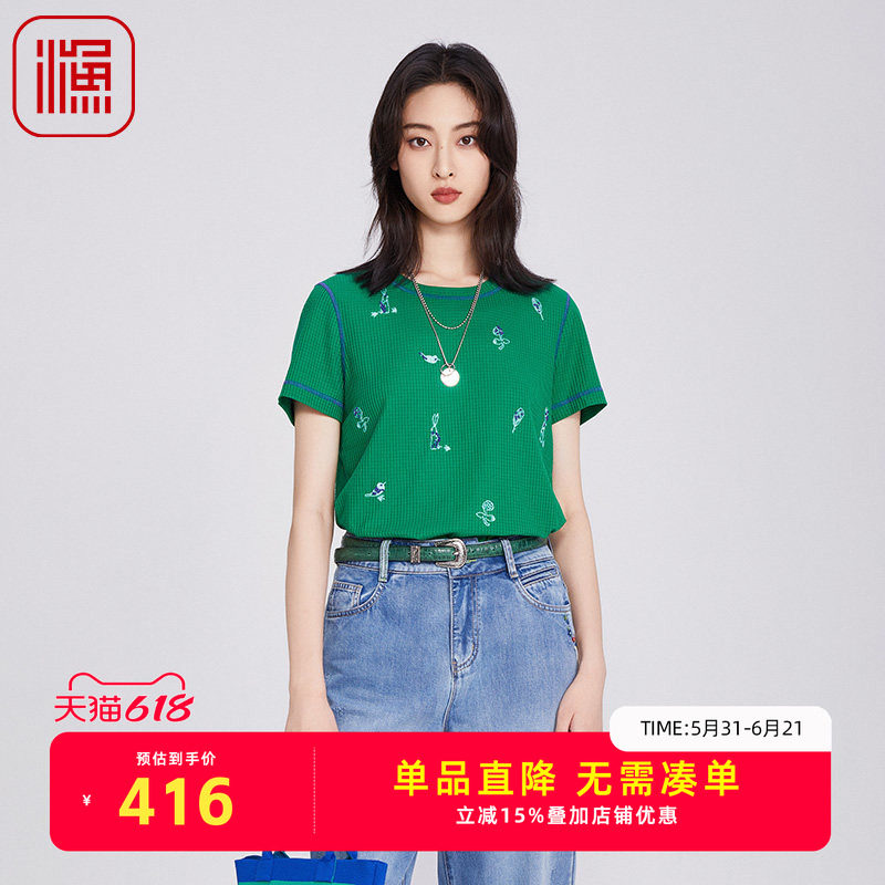 渔牌女装短袖刺绣t恤2025夏季新款棉质针织文艺休闲上衣减龄女装