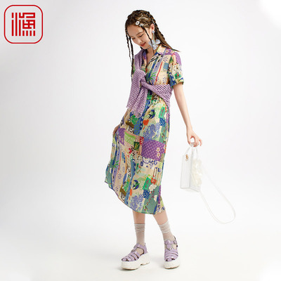 渔牌女装文艺半开扣连衣裙