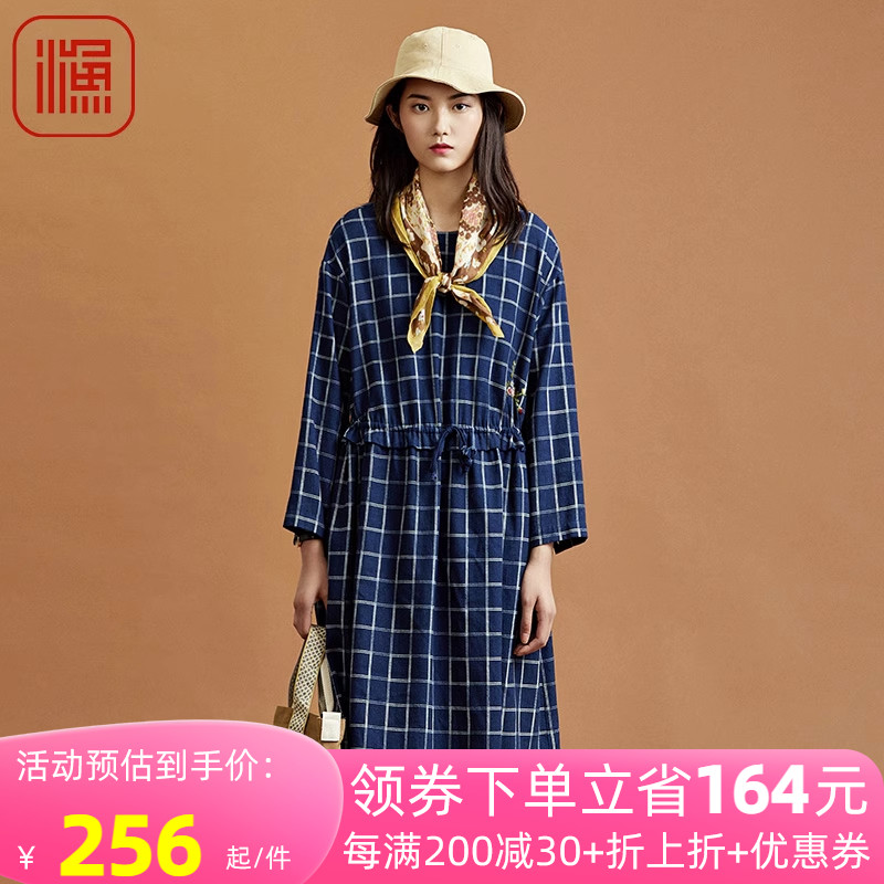 渔牌女装秋装2021年新款女度假风全棉复古格子长袖连衣裙FFNC0036