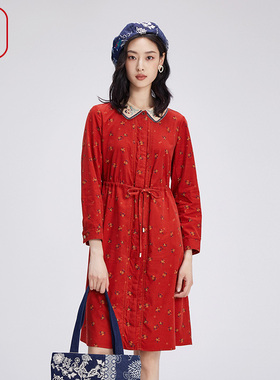 渔牌女装2024新款秋装棉印花收腰显瘦灯芯绒连衣裙FGGC0025